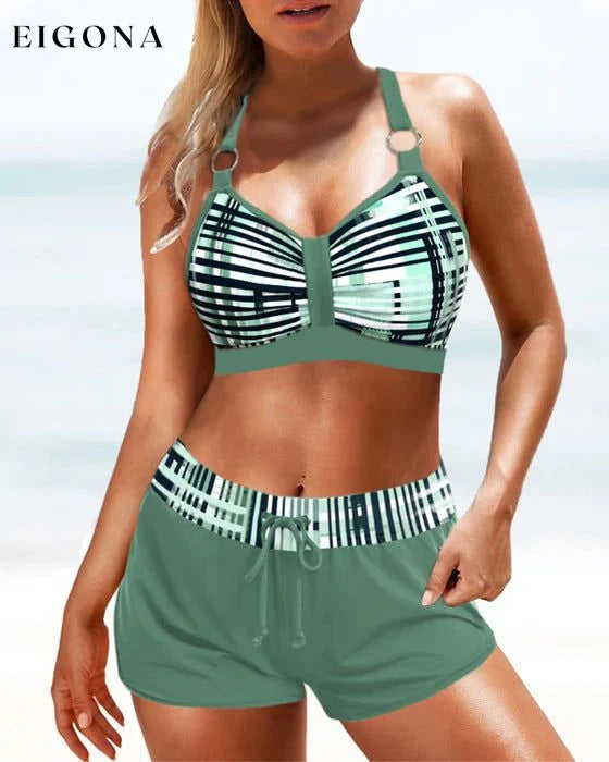 High Waist Stripe Print Bikinis Green