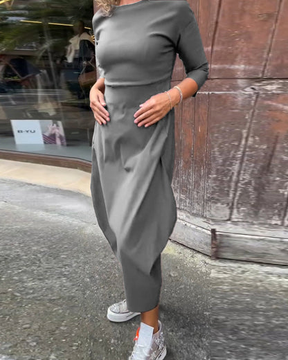 Simple solid color pocket long sleeve elegant dress