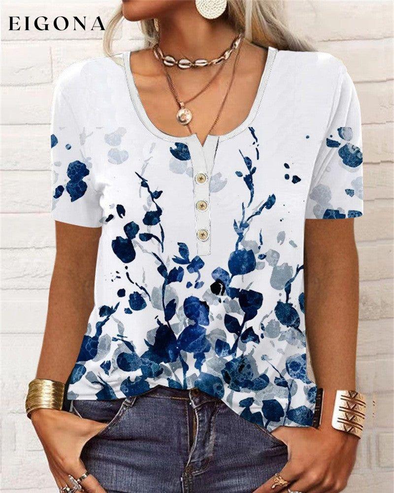 Button short sleeve u-neck printed blouse White 23BF Blouses & Shirts clothes Short Sleeve Tops T-shirts Tops/Blouses