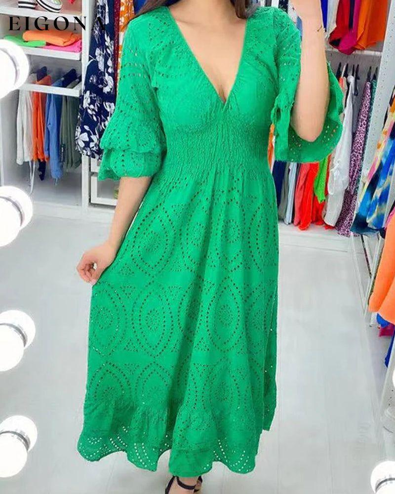 Loose solid color v neck high waist dress Green 23BF Casual Dresses Clothes Cotton and Linen Dresses Elegant Dresses Spring Summer