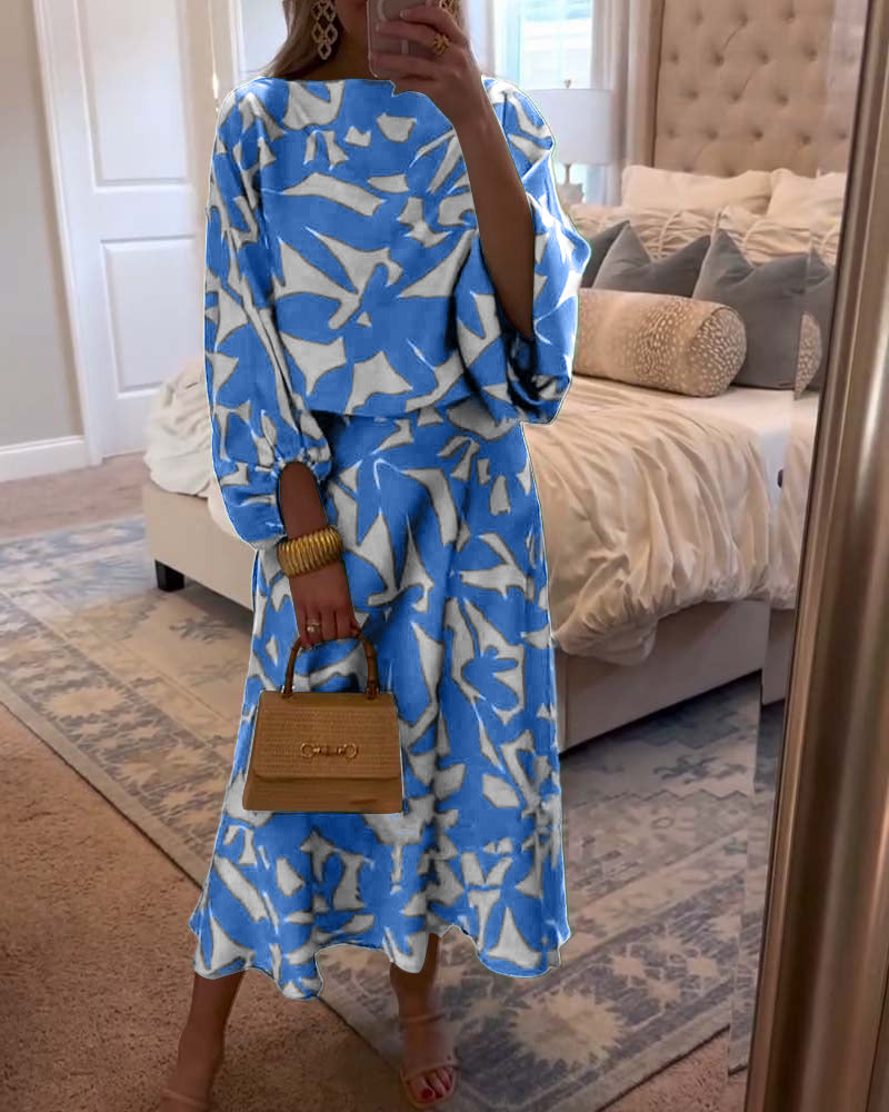 Temperamentvolles, bedrucktes Freizeitkleid-Set mit Laternenärmeln