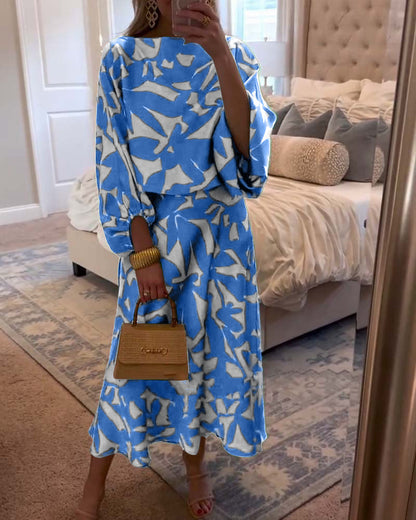 Temperamentvolles, bedrucktes Freizeitkleid-Set mit Laternenärmeln