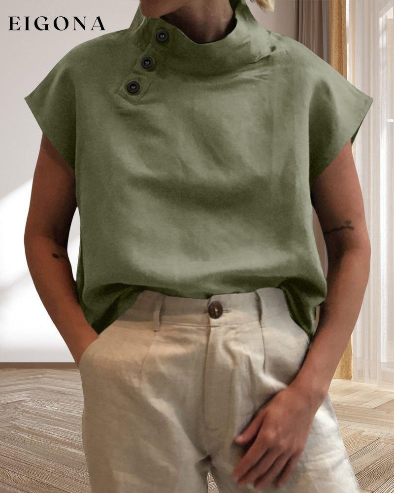 Cotton & Linen Button stand collar top Green 23BF clothes Cotton and Linen Short Sleeve Tops T-shirts Tops/Blouses