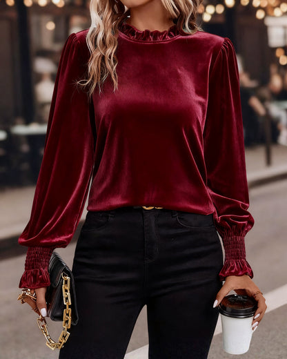 Ruffled Velvet Long Sleeve Top
