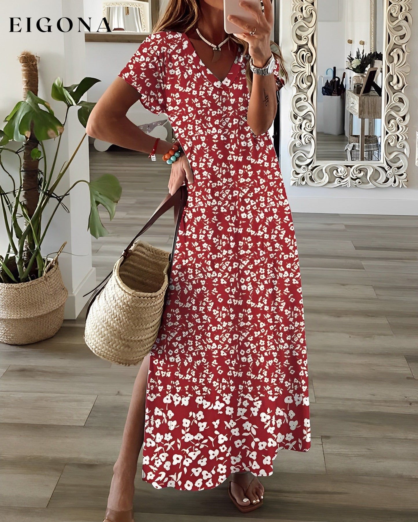 Floral print v-neck side slit dress Red 23BF Casual Dresses Clothes Dresses Spring Summer Vacation Dresses