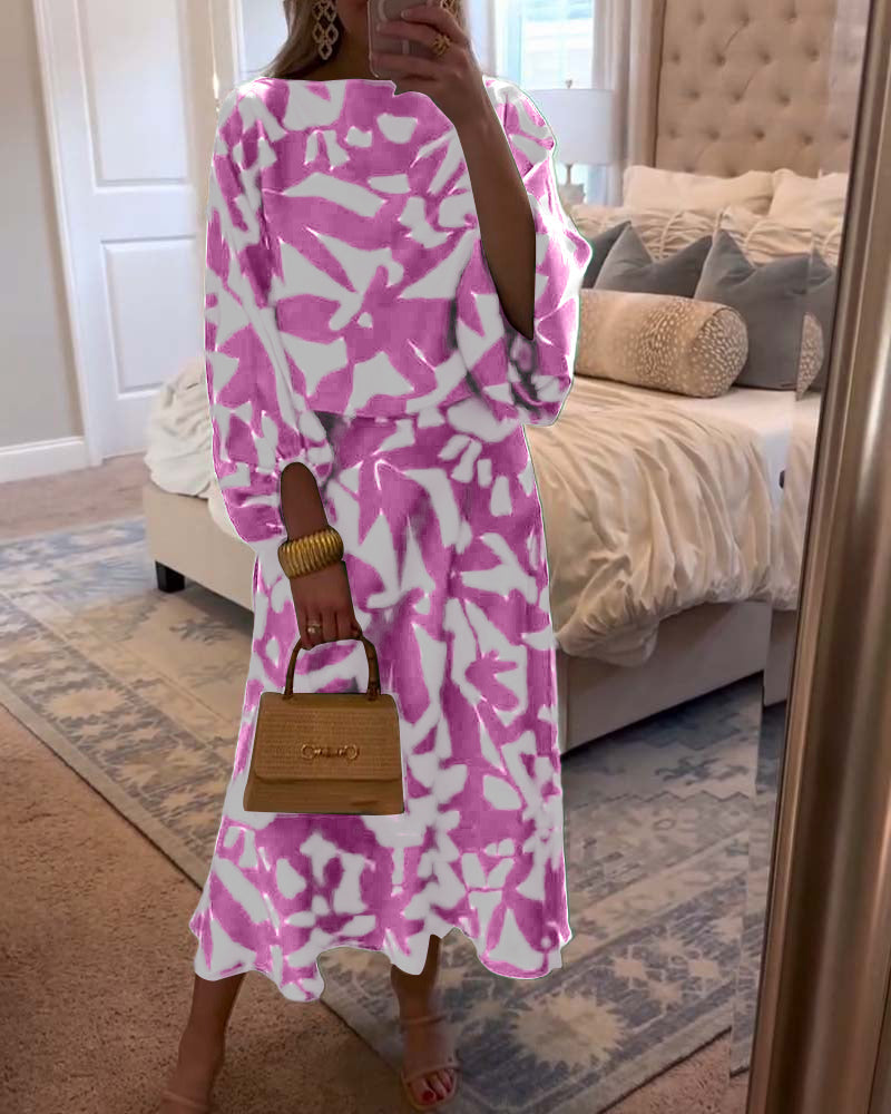 Temperamentvolles, bedrucktes Freizeitkleid-Set mit Laternenärmeln