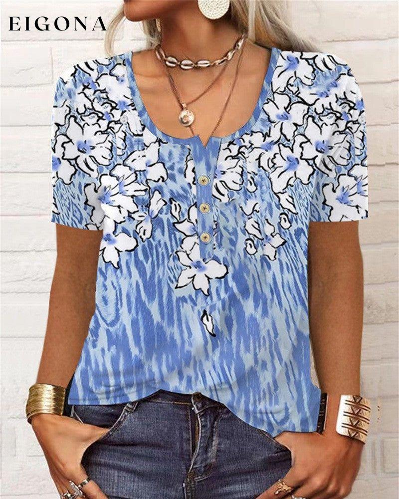 Button short sleeve u-neck printed blouse Sky blue 23BF Blouses & Shirts clothes Short Sleeve Tops T-shirts Tops/Blouses