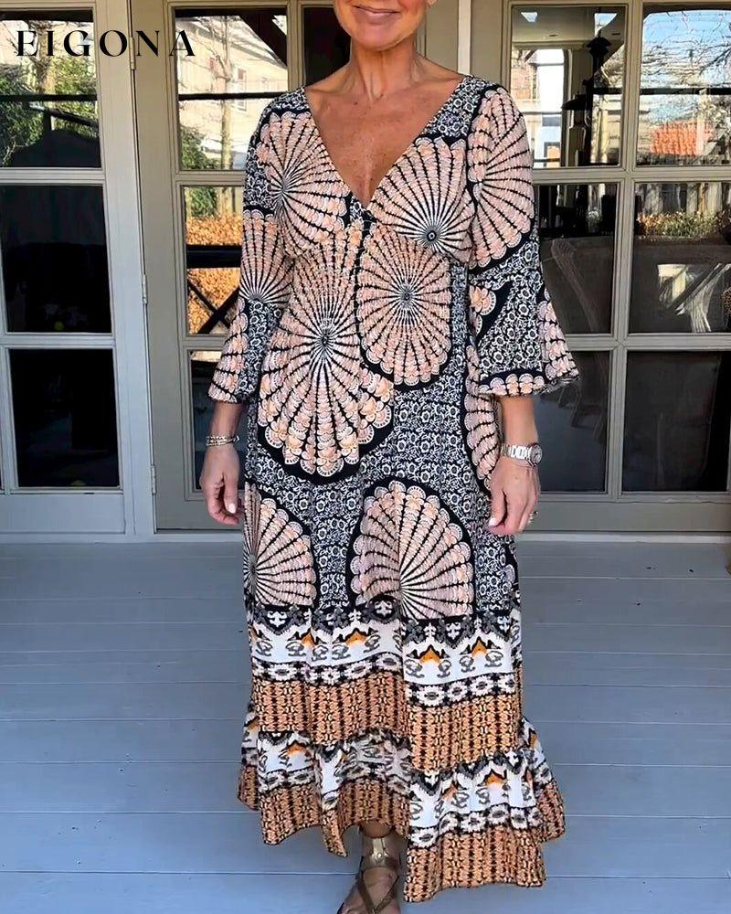 Print Flare Sleeve Maxi dress Black 23BF Casual Dresses Clothes Dresses Spring Summer