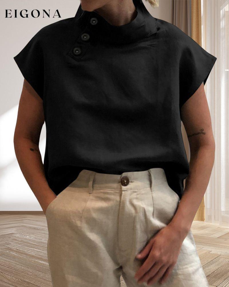 Cotton & Linen Button stand collar top Black 23BF clothes Cotton and Linen Short Sleeve Tops T-shirts Tops/Blouses