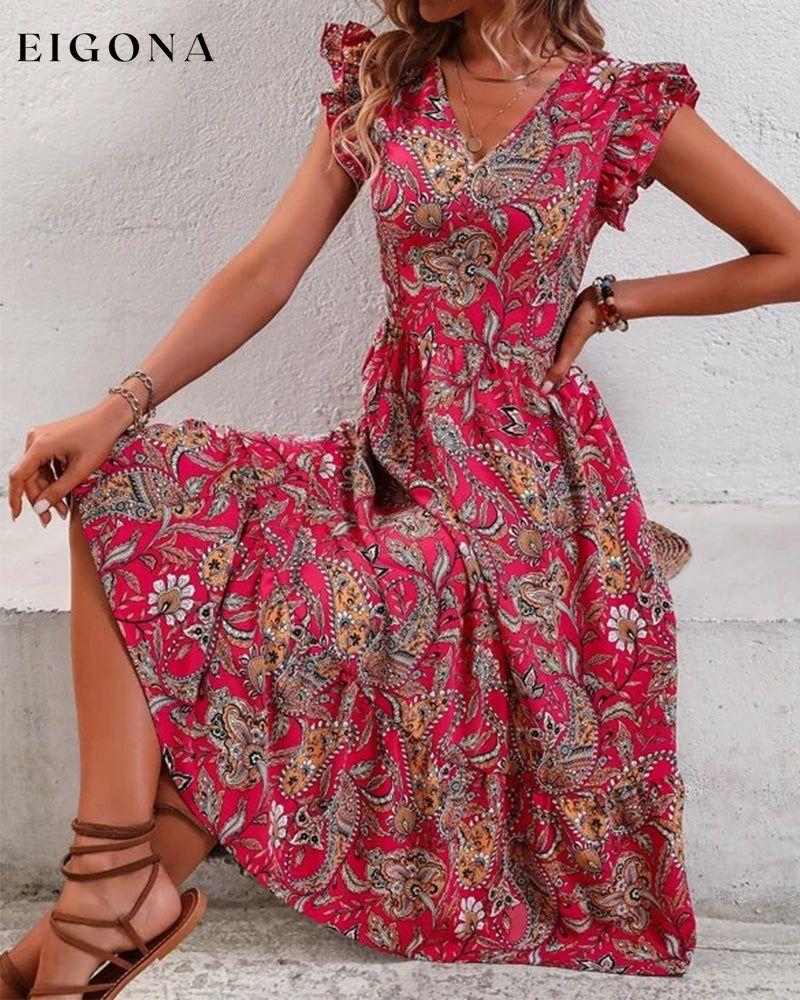 Printed v-neck short-sleeved dress Red 23BF Casual Dresses Clothes Dresses Spring Summer