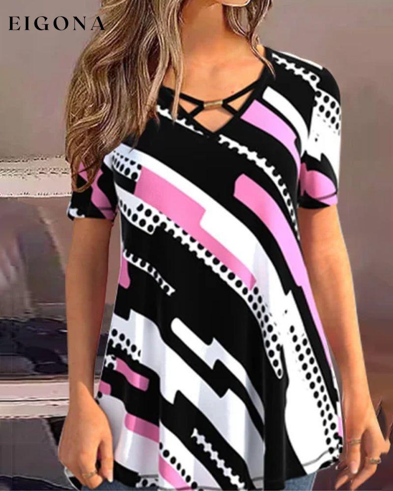 Short Sleeve Blouse with Color Block Print 23BF clothes Short Sleeve Tops T-shirts Tops/Blouses