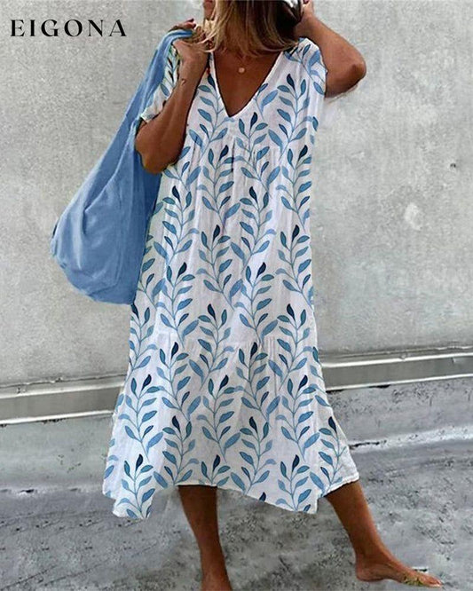 V-neck printed short-sleeved dress Blue 23BF Casual Dresses Clothes Dresses SALE Summer