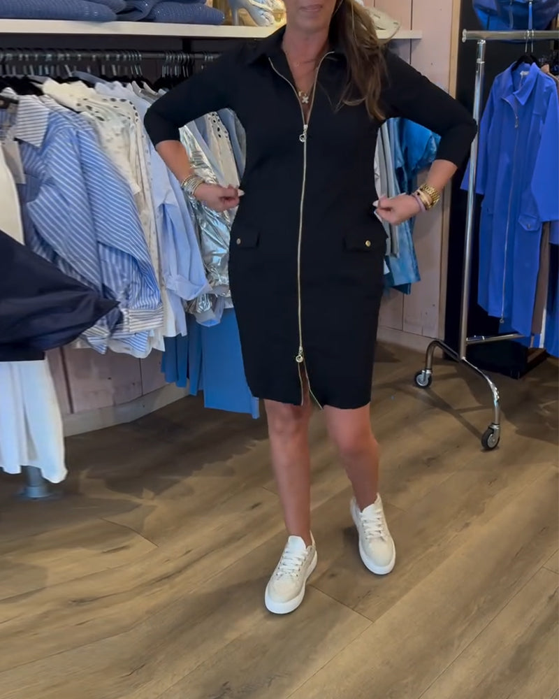 Einfarbiges Langarmkleid mit Revers und Reißverschluss