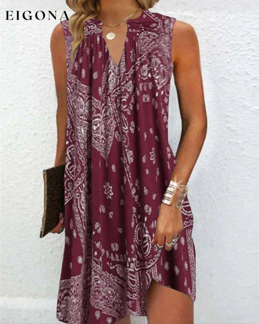 Printed v-neck sleeveless dress Burgundy 23BF Casual Dresses Clothes Dresses Spring Summer