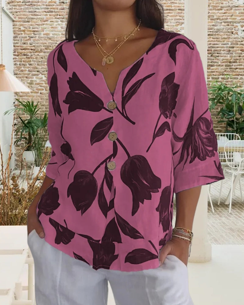 Top con bottoni in cotone e lino con stampa floreale