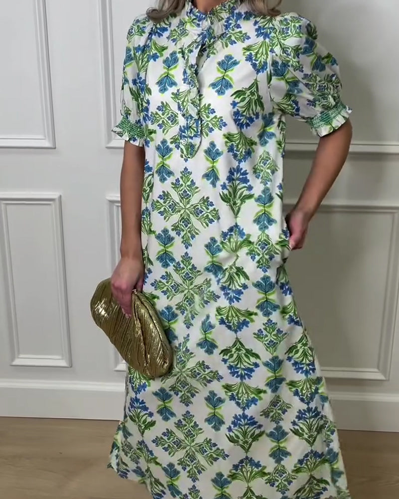 Plant Print Stand Collar Dress