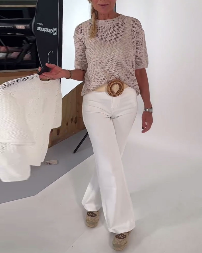 Rundhalspullover in Volltonfarbe mit Hohlsaum