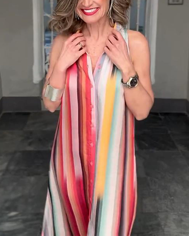 Ärmelloses Button-Down-Kleid mit buntem Streifenmuster und Revers