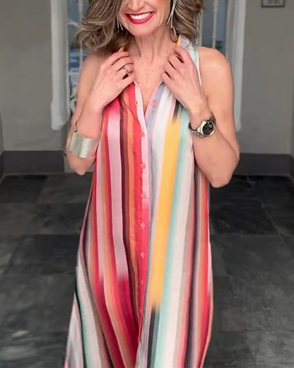 Ärmelloses Button-Down-Kleid mit buntem Streifenmuster und Revers