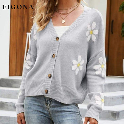 Floral Ribbed Trim Drop Shoulder Cardigan cardigan cardigans clothes Ship From Overseas sweater sweaters Yh
