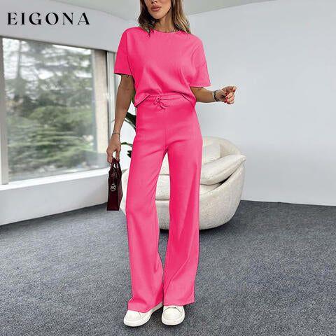 Short Sleeve T-Shirt and Drawstring Pants Set Hot Pink clothes L$O Ship From Overseas