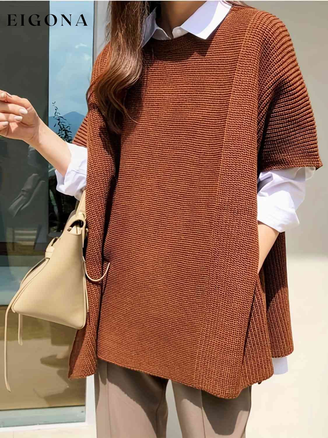 Plus Size Round Neck Slit Short Sleeve Sweater Terracotta clothes M@Z@L Ship From Overseas