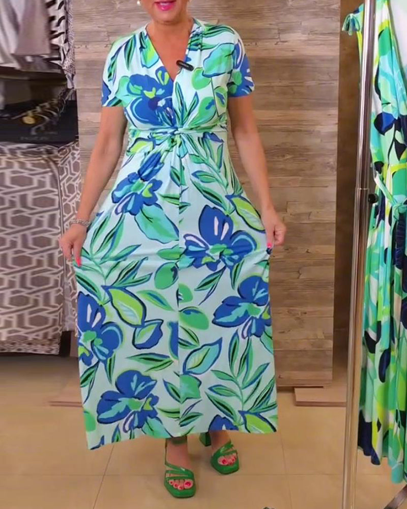 Abito lungo a maniche corte con stampa floreale intrecciata e scollo a V