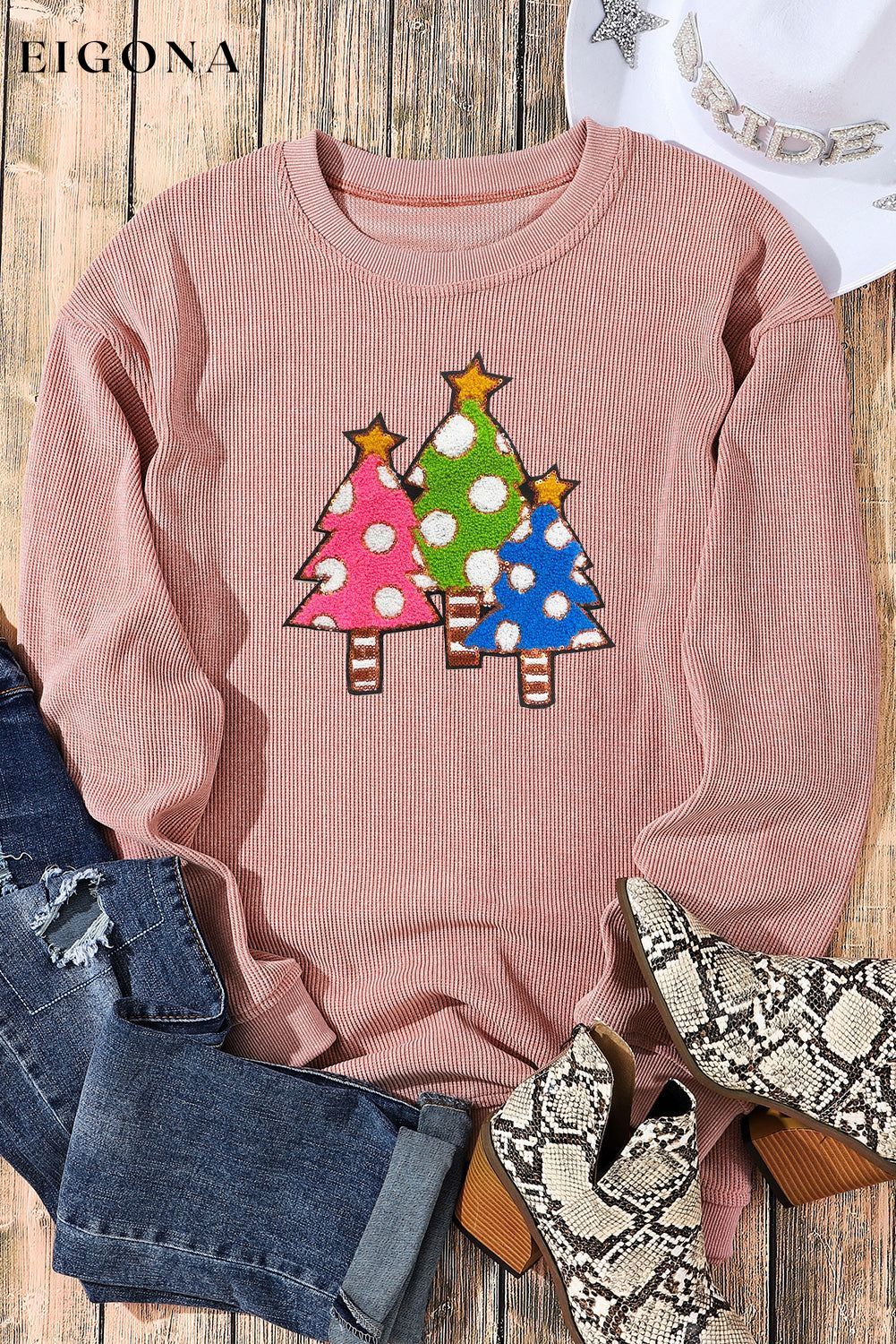 Pink Vintage Wash Sequined Christmas Tree Corded Sweatshirt Best Sellers Christmas christmas sweater clothes Color Pink Day Christmas Fabric Corduroy Fabric Fleece Hot picks Season Fall & Autumn