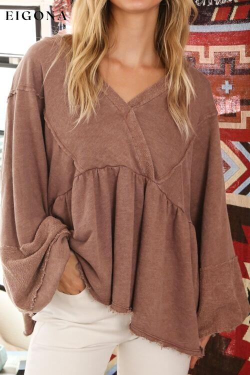 V-Neck Exposed Seams Balloon Sleeve Top Camel clothes Ship From Overseas SYNZ