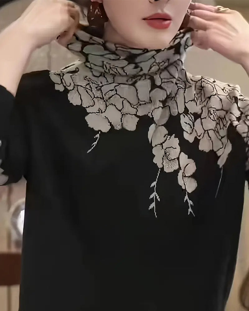 Fashion Turtleneck Floral Jacquard Pullover