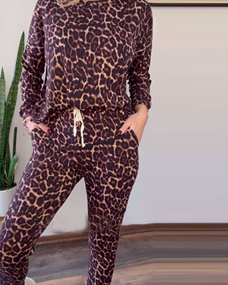 Leopard print round neck casual two-piece suit 2024 f/w two-piece sets