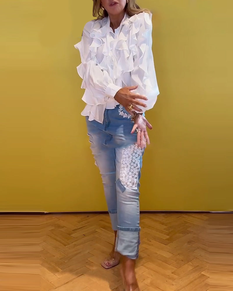 Französische Langarmbluse mit Rüschen