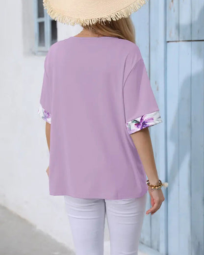 Elegant floral print patchwork top blouses & shirts spring summer