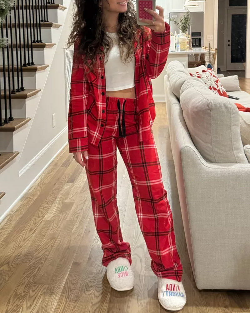 Cozy plaid long sleeve buttons lapel pajama set 2024 f/w christmas two-piece sets