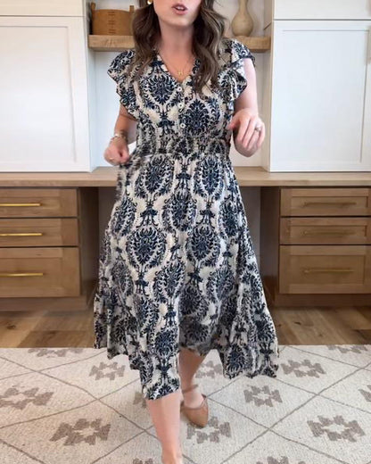 A-Linien-Kleid mit Cashew-Blumen-V-Ausschnitt und Taille