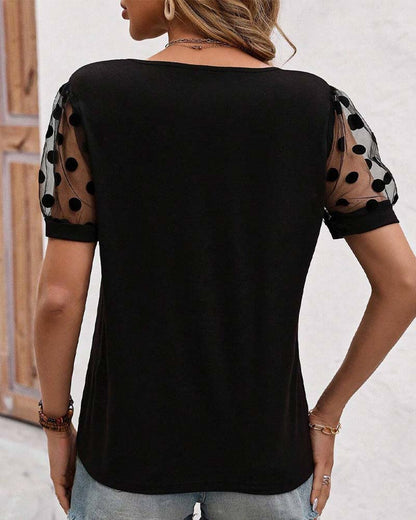 Polka Dot Mesh Contrast Short Puff Sleeve T-Shirt