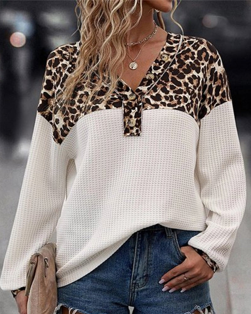 Casual leopard print V-neck buttoned sweatshirt 2024 f/w sweatshirts