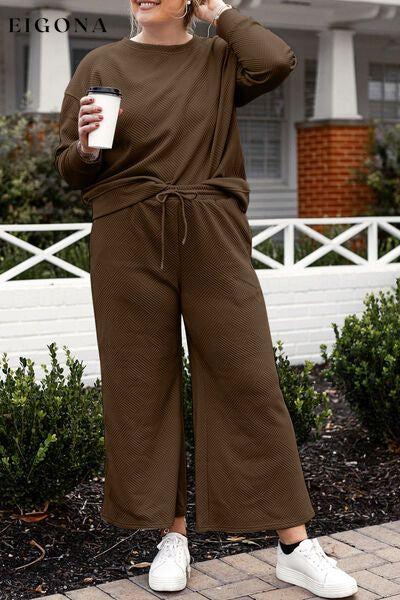 Double Take Full Size Textured Long Sleeve Top and Drawstring Pants Set Clothes Double Take lounge lounge wear lounge wear sets loungewear loungewear sets sets Ship from USA