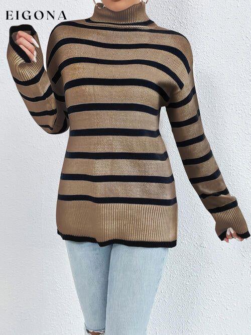 Striped Turtleneck Long Sleeve Sweater Chestnut clothes Ship From Overseas X.X.W