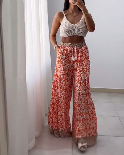 Printed Drawstring Wide-Leg Pants