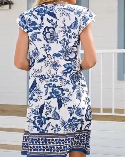 Blue China Pattern V-Neck Short Sleeve Dress