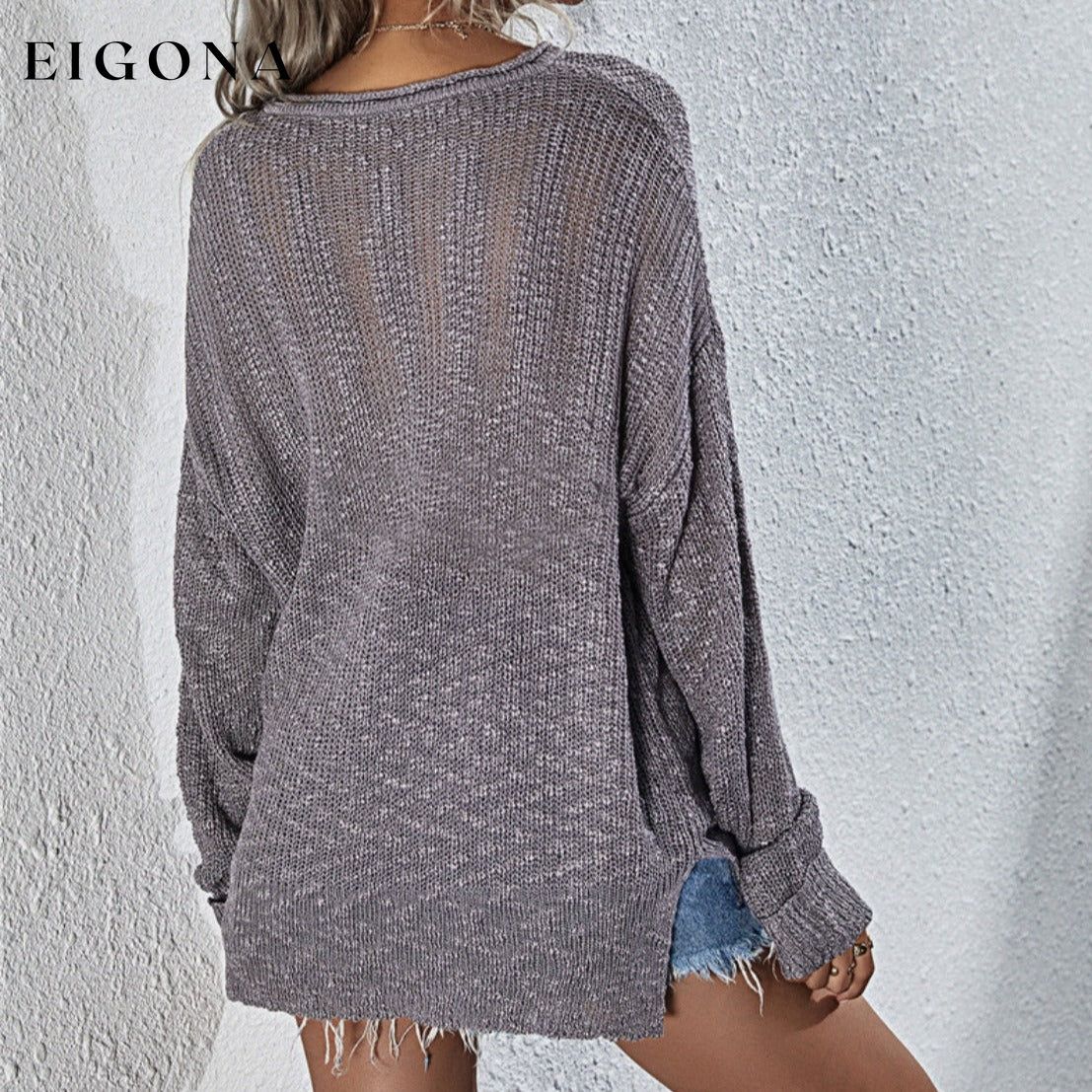Notched Neck Slit Knit Top clothes J&Q long sleeve shirt long sleeve shirts long sleeve top long sleeve tops Ship From Overseas Shipping Delay 09/29/2023 - 10/04/2023 shirt shirts top tops