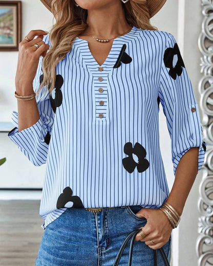 Striped Print V-Neck Fashion Shirt