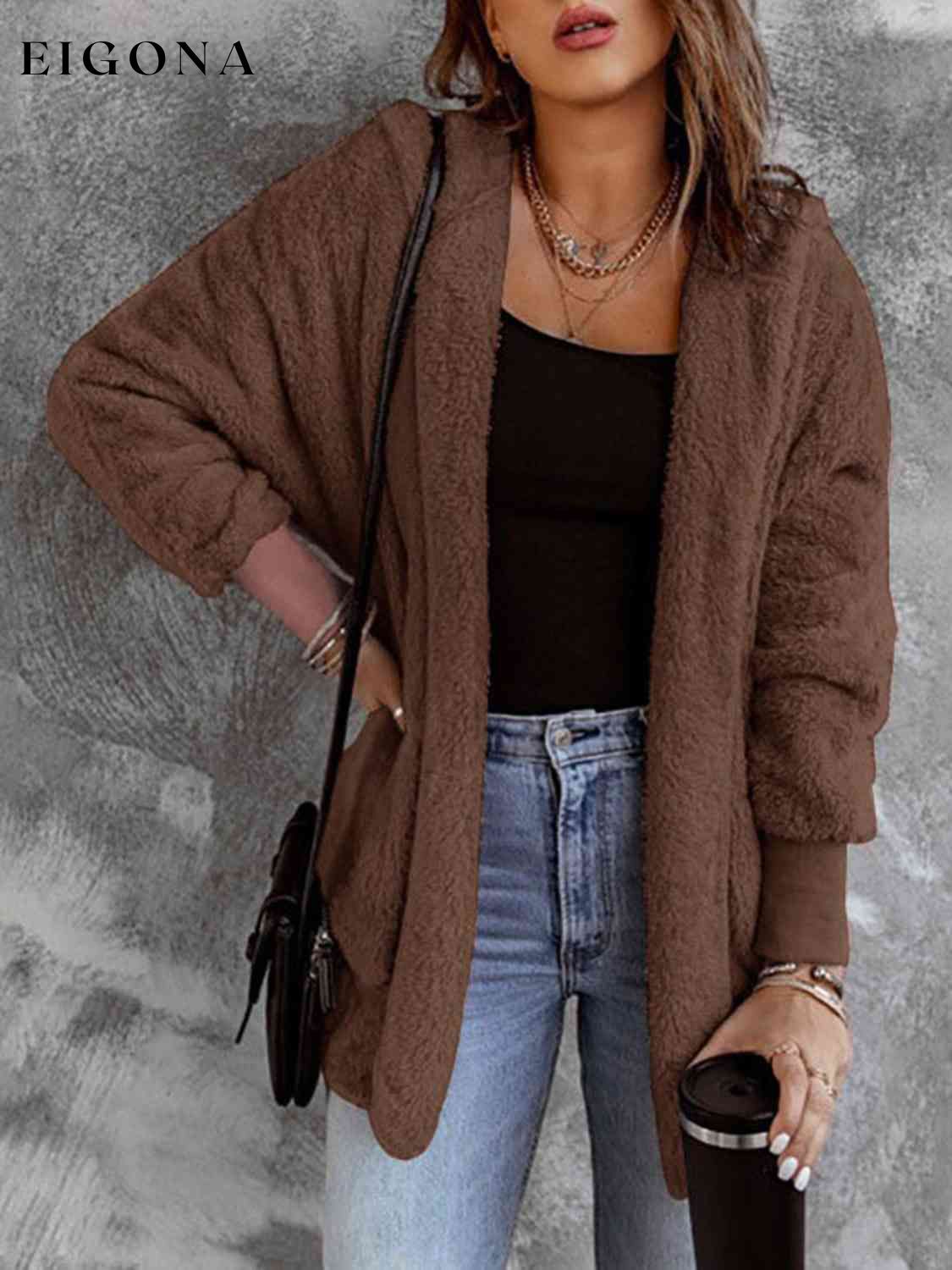 Open Front Hooded Faux Fur Outwear with Pockets Chestnut clothes Ship From Overseas Y@S@M