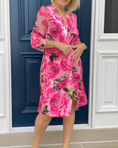 V-Neck Floral Print Long-Sleeve Dress