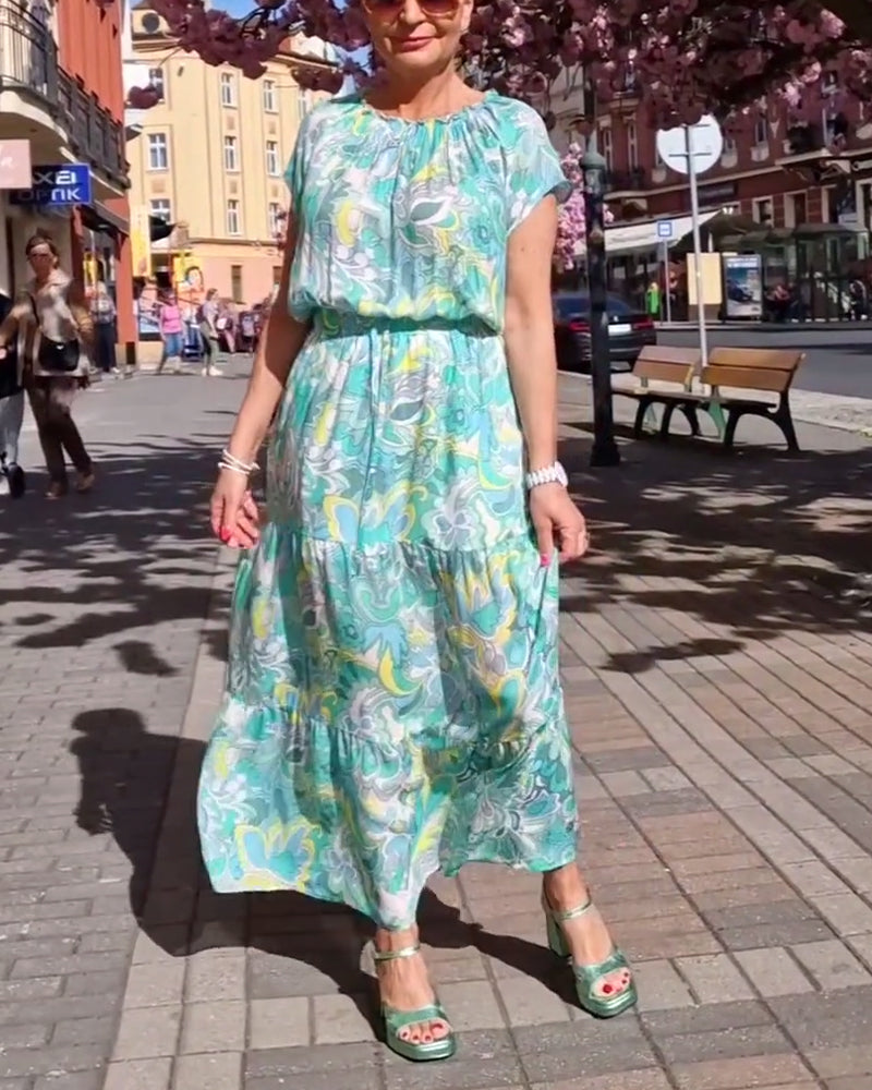 Short-sleeved round neck printed waist casual long dress casual dresses spring summer