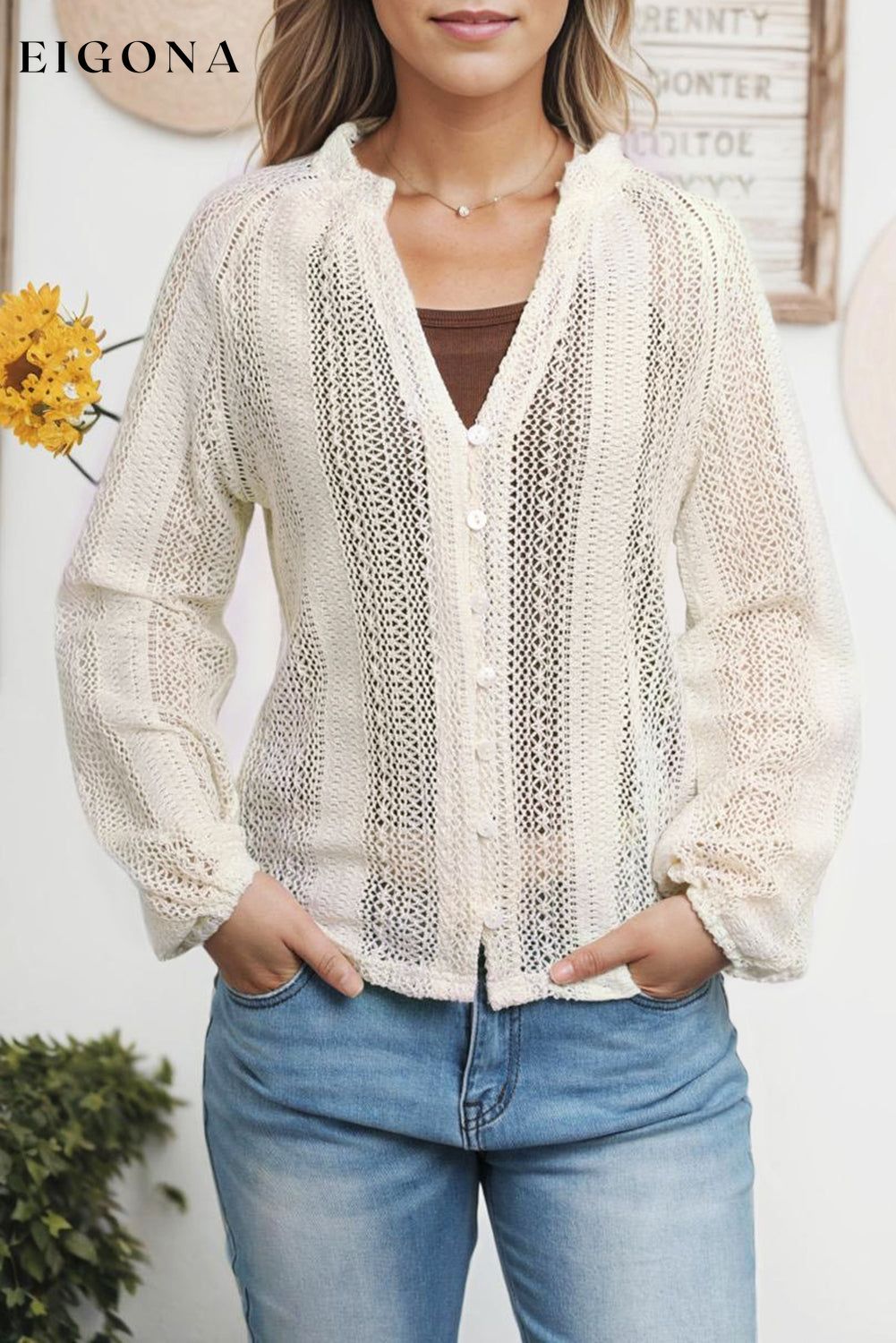White V-Neck Long Sleeve Button Up Lace Shirt All In Stock Best Sellers clothes Early Fall Collection EDM Monthly Recomend Fabric Lace long sleeve shirt long sleeve shirts Occasion Daily Print Solid Color Season Spring shirt shirts Style Elegant top tops