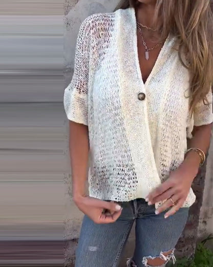 V-Neck Temperament Solid Color Short-Sleeved Cardigan