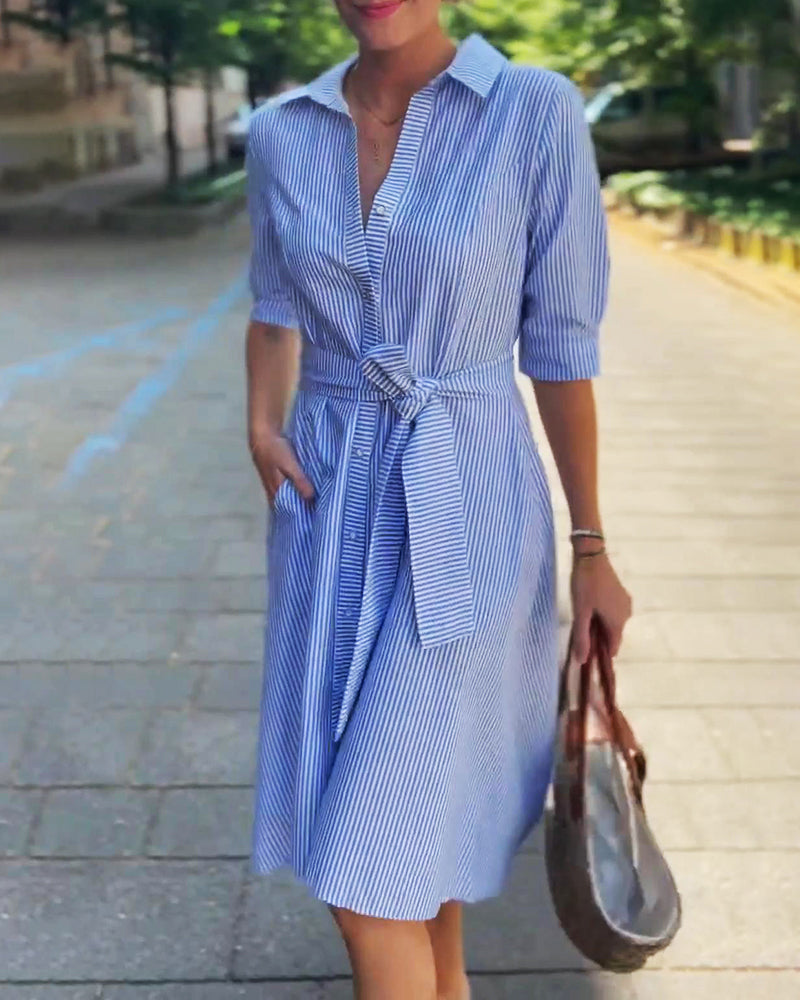 Waist Tie Lapel Striped Dress