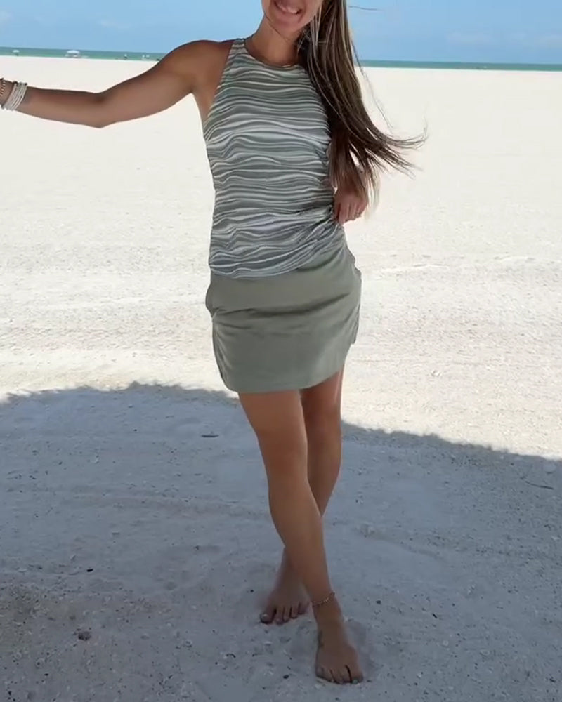 Three-Piece Swimsuit Set: Sun-Protective Sports Tank Top & Swim Skirt